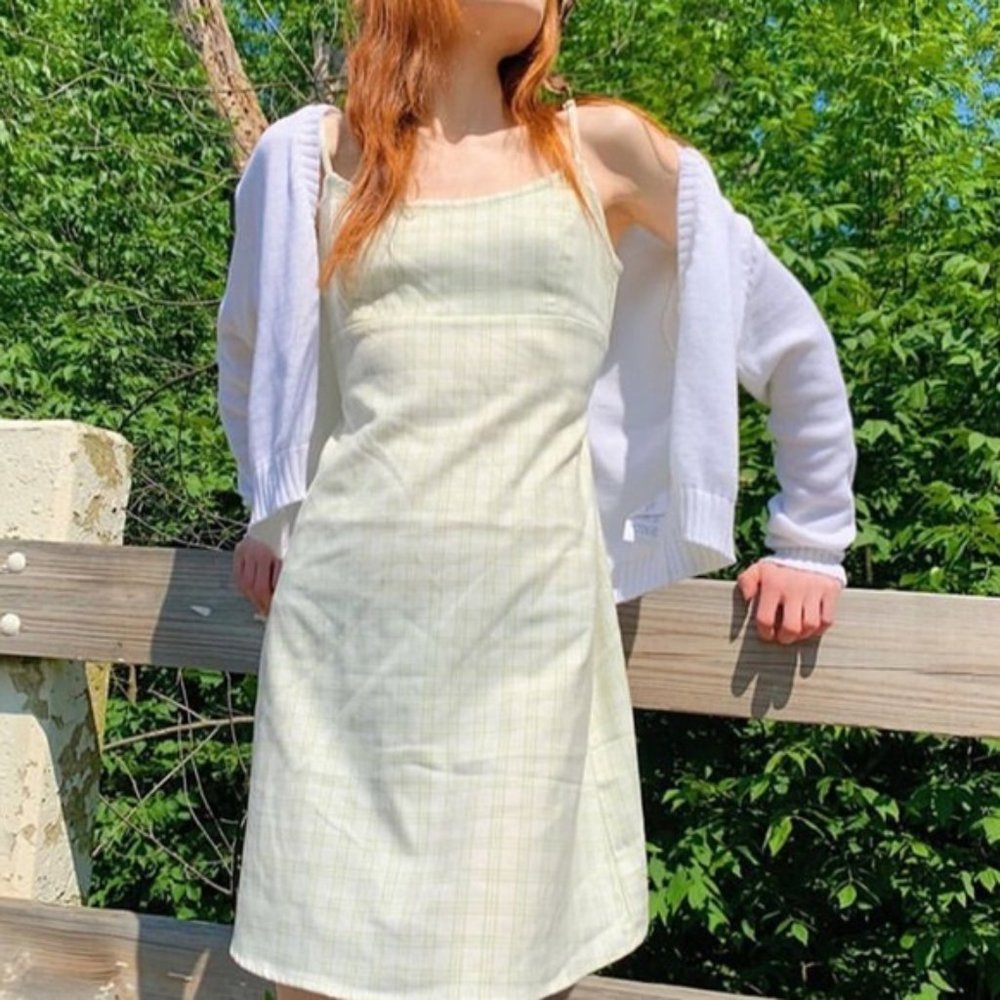 Brandy Melville White Green Plaid Colleen Mini Dress